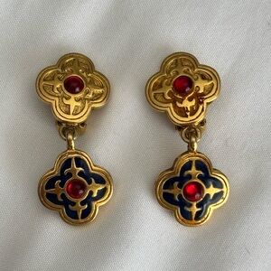 Vintage Gold Tone Enamel Clover Drop Clip Earrings Red Blue ❤️💙